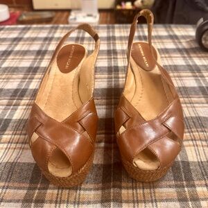 Antonia Melani Tan Leather Woven Peep-Toe Slingback Wedges